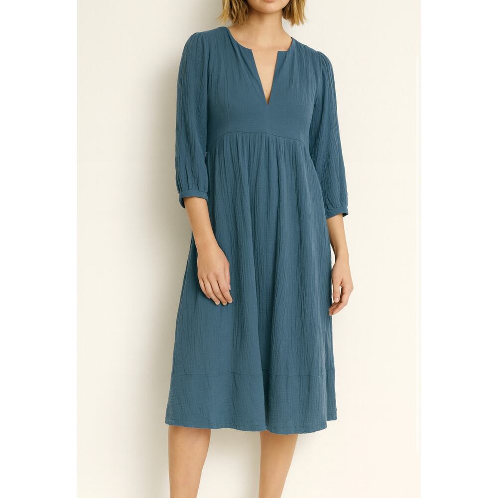 Honorine Cotton Gauze Midi Dress Crinkle Puff 3/4 Sleeve V-Neck Maxi, Blue